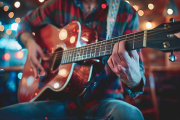 Fototapeta premium Generative AI Image of a Guitarist Performing with Acoustic Guitar