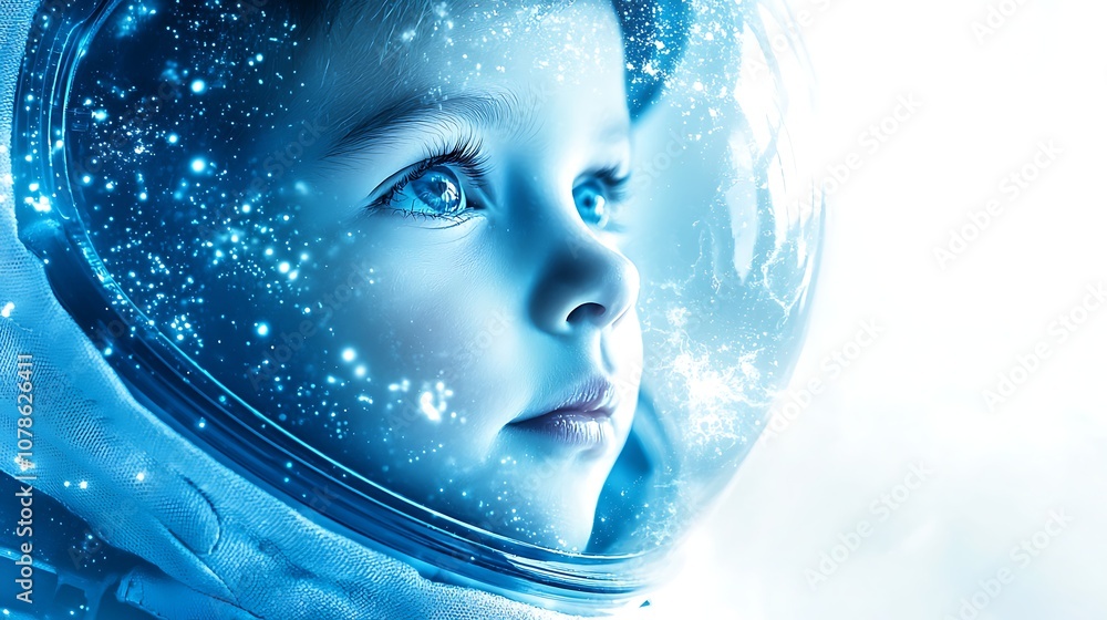 Poster enchanted child astronaut gazing into the universe with sparkling stars and cosmic elements in a dre