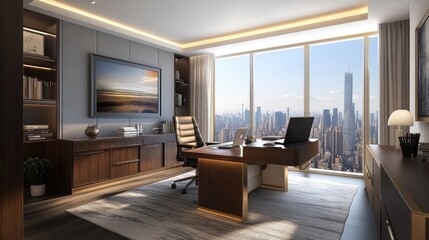 Modern office with a view of the city skyline.