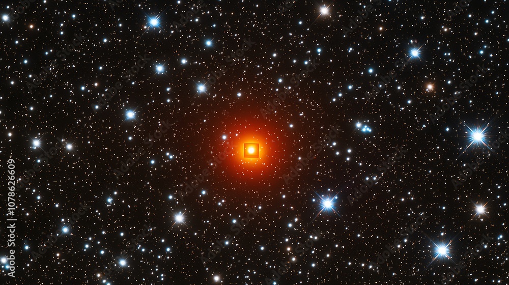 Poster a bright orange celestial object surrounded by sparking stars in the dark vastness of space captured