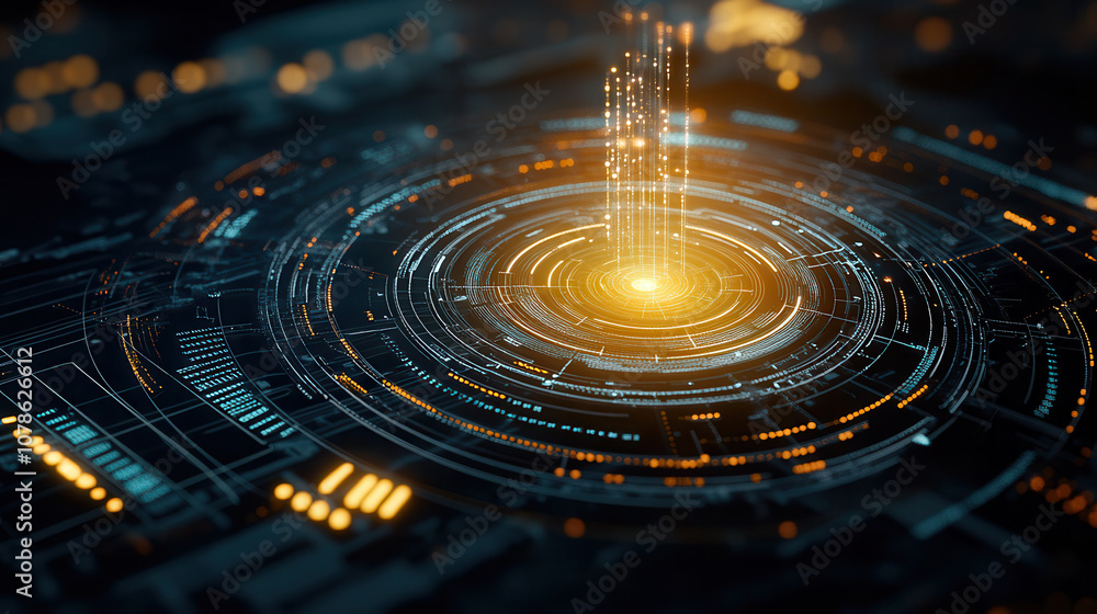 Poster aerial view of futuristic digital interface with glowing elements, showcasing intricate patterns and