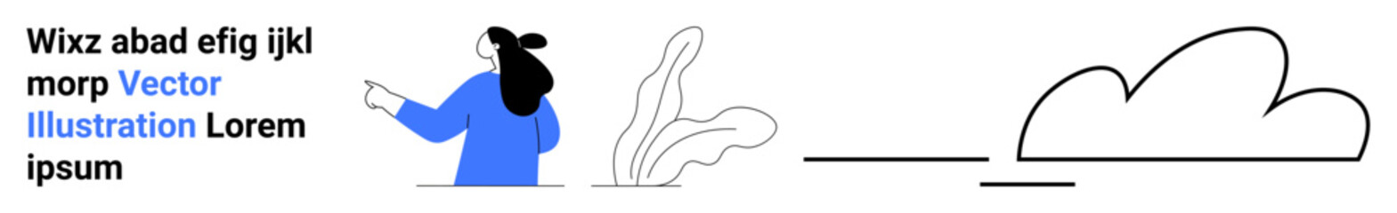 Woman points at placeholder text, standing next to a decorative plant. Black outlined cloud on the right. Ideal for educational content, website banners, infographics, presentations, guides