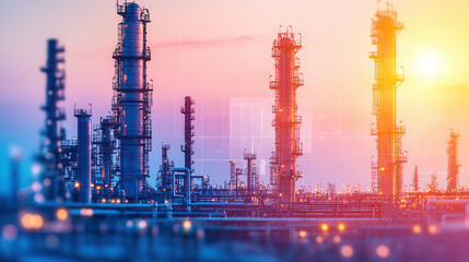 Obraz premium Industrial facility with tall smokestacks at sunset, showcasing modern architecture and technology. scene captures essence of energy production and innovation