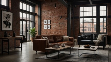 Modern loft living room with exposed brick walls, large windows, leather sofas, and wooden coffee tables.