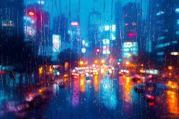 Naklejka premium Rainy night view of a vibrant city street with blurred lights