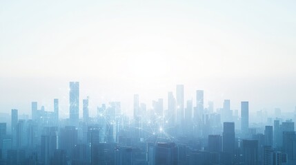 Fototapeta premium A hazy cityscape skyline with a bright light in the distance, suggesting a sense of hope and progress.