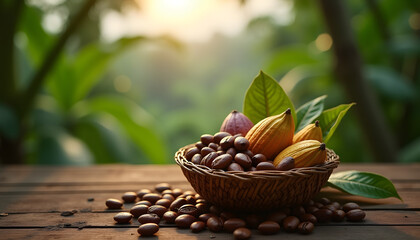 Obraz premium Cocoa beans in a basket on the background of a tropical landscape
