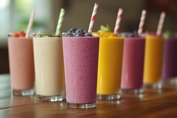 Colorful Smoothies in Glasses with Striped Straws