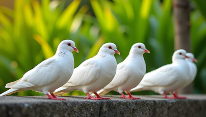 Obraz premium A group of white doves sitting on a stone wall, with bright green plants in the background creating an atmosphere of peace and harmony