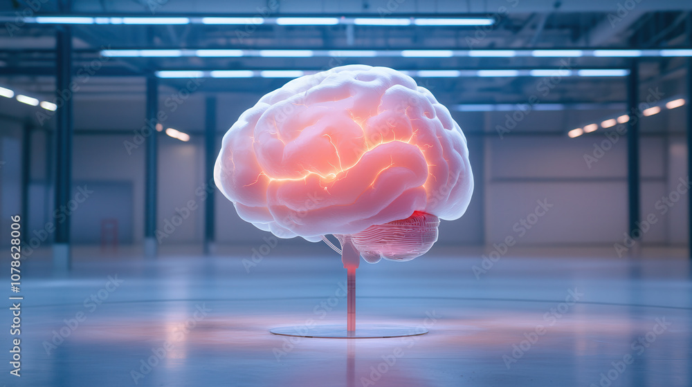 Poster glowing brain model representing digital data analysis and technology. futuristic design highlights 