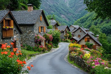 Charming stone houses with flowers on a winding summer road