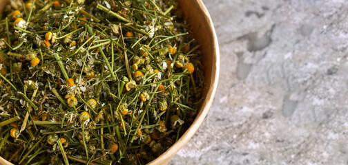 Close-up dried chamomile flower for healthy tea