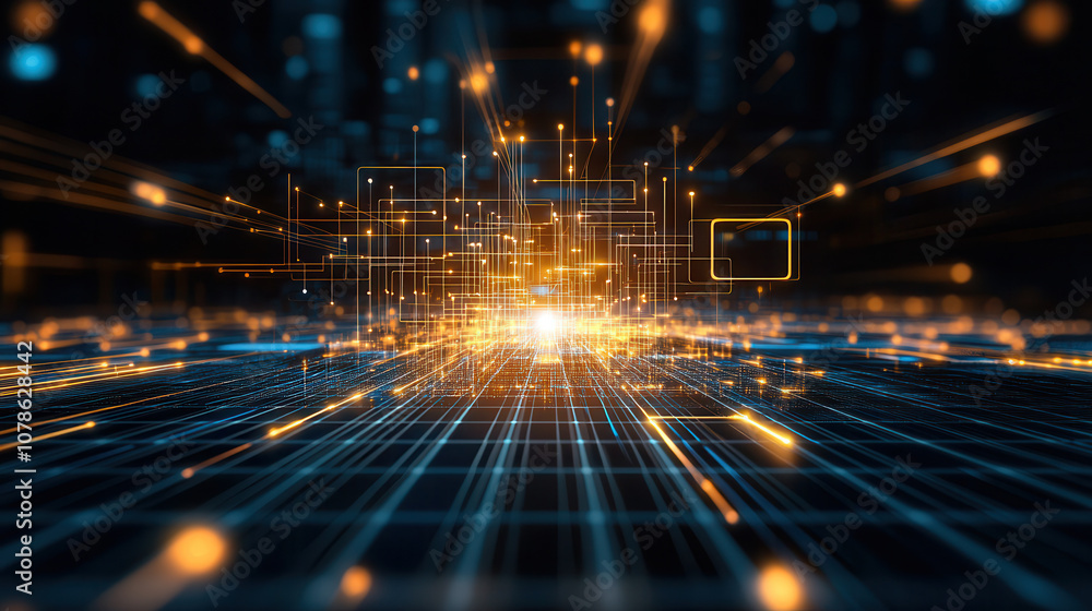 Poster futuristic digital interface with glowing lines and squares, creating sense of depth and motion. thi