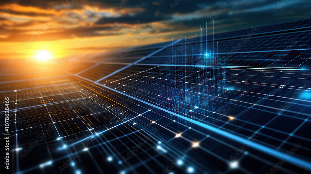 Poster futuristic digital interface with glowing grids and data visualization at sunset. vibrant colors and