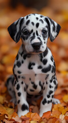 Photo of Dalmatian puppy spots in the shape of hearts on a pink Valentine's Day background with rose petals
