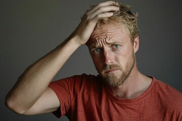 Fototapeta premium A man in his thirties with blonde hair and a short beard, wearing a red...
