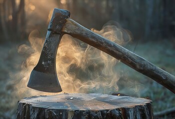 axe in log a weathered axe embedded in a chopping log early morn