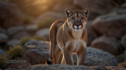 Obraz premium A majestic mountain lion stands proudly in the golden light of the setting sun, its gaze fixed on the camera.