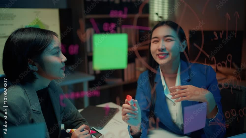 Poster two businesswomen are having a meeting in the office at night. they are discussing strategy and usin