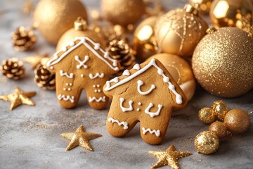 Golden Christmas ornaments gingerbread cookies and glittering stars arranged on a festive table creating a luxurious holiday celebration display