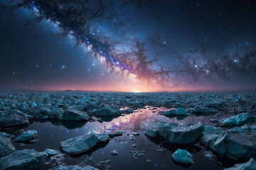 A vast landscape filled with large, reflective crystals over a crystalline ocean, with a galaxy-lit sky