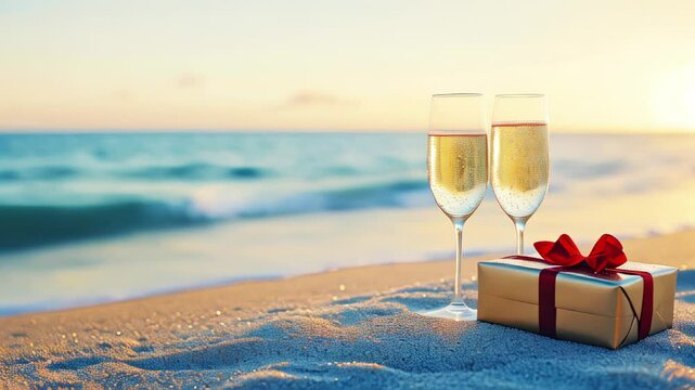 Two glasses of champagne and a gift on the beach with the sea in the background