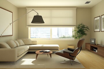 Fototapeta premium Modern living room with a sectional sofa, armchair, and floor lamp