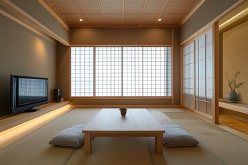 Traditional Japanese Room with Tatami Mats, Wooden Table, and Sliding Doors