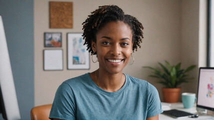 Fototapeta premium A young woman with short curly hair smiles at the camera while sitting at a desk in her home office