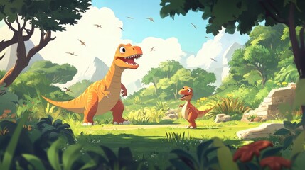 Naklejka premium Cute Cartoon Dinosaurs in Lush Natural Scene