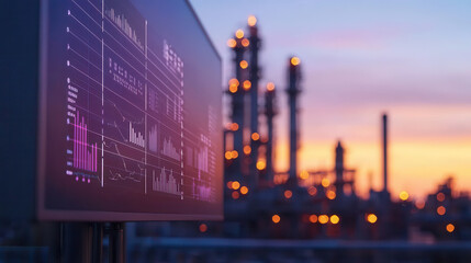 Industrial plant rooftop view with data visualization at sunset, showcasing vibrant colors and modern technology. scene captures essence of innovation and industry