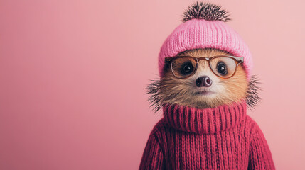 Fototapeta premium hedgehog wearing pink knitted hat and sweater, looking adorable and stylish. This cute animal exudes charm and warmth against soft pink background