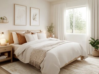 Fototapeta premium ナチュラルで落ち着いたベッドルームインテリア | Cozy and Natural Bedroom Interior