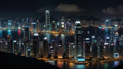 Nighttime panoramic view of a city skyline with skyscrapers and bright lights reflecting on the water.
