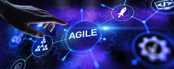Agile development methodology concept on virtual screen. Technology concept.