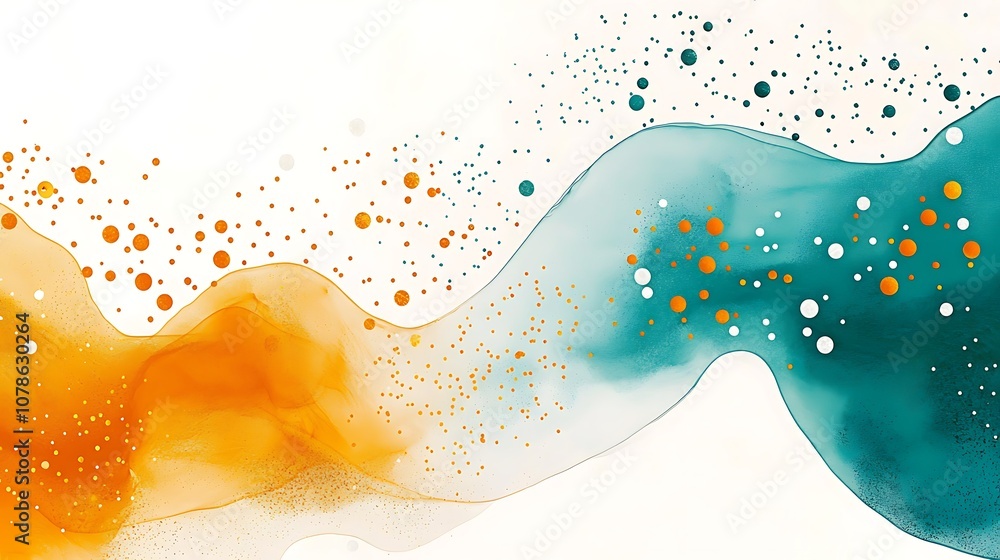 Poster abstract watercolor waves in vibrant orange and teal with delicate dots, creating a soothing and art