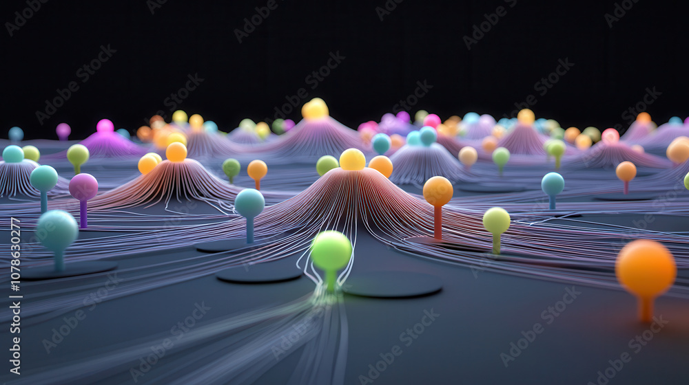 Poster high definition visualization of digital network with colorful nodes and flowing lines. this abstrac