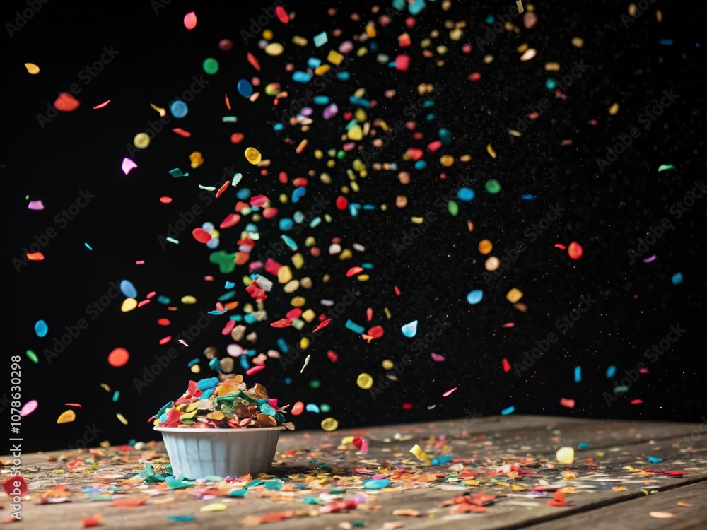 Poster vibrant explosion of colorful confetti particles on a black background captured using the rule of th