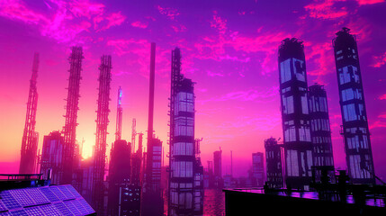 High contrast shot of industrial plant at sunrise, showcasing towering structures against vibrant pink and purple sky, creating dramatic and futuristic atmosphere