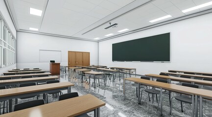 A photo of an empty classroom with desks and chairs arranged neatly,...