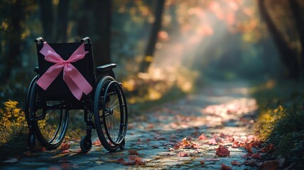 Fototapeta premium A wheelchair adorned with a pink ribbon in a serene autumn pathway.