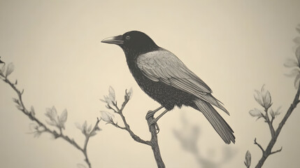 Obraz premium Beautifully Detailed Drawing of a Crow Perched on a Branch Against a Muted Background for Classic Wallpaper