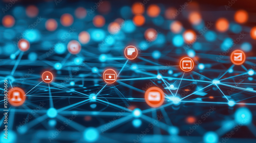 Poster digital network illustration featuring interconnected nodes and icons representing various online ac