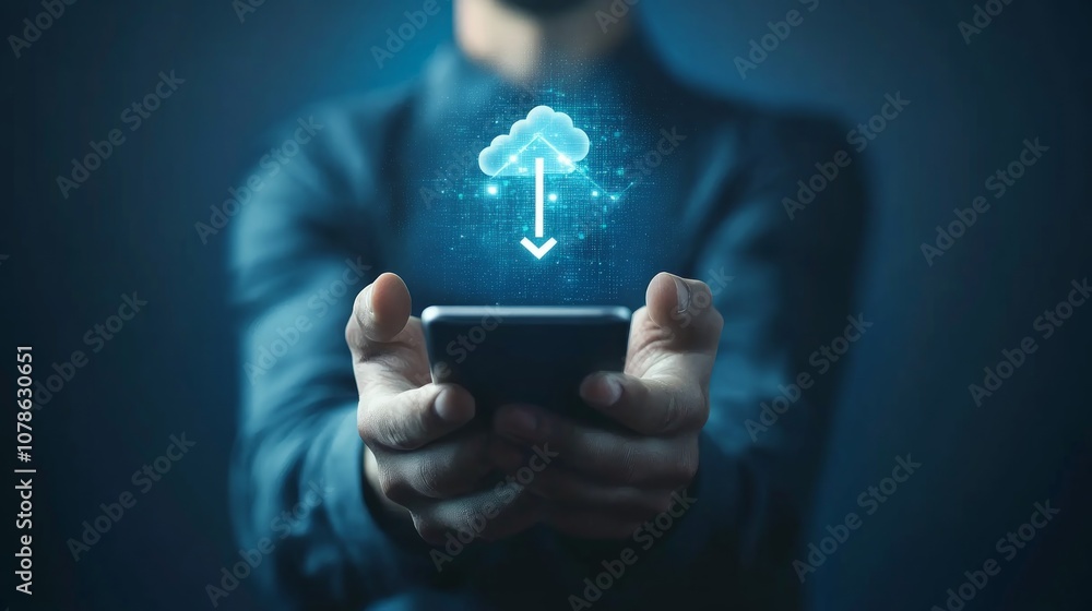 Aufkleber a man holding a smartphone with a cloud computing icon above it, symbolizing data transfer and cloud