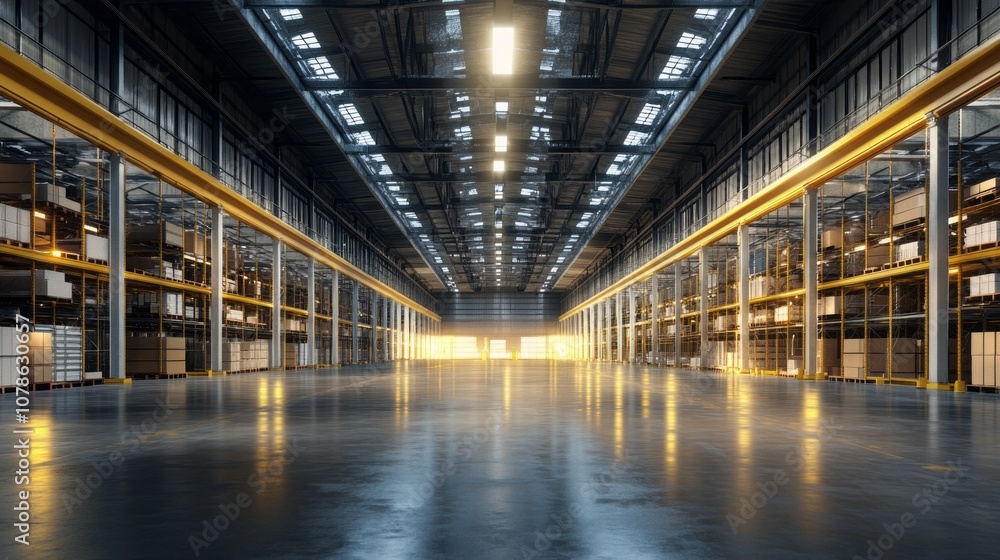 Poster a large warehouse with a lot of empty space and a yellow light
