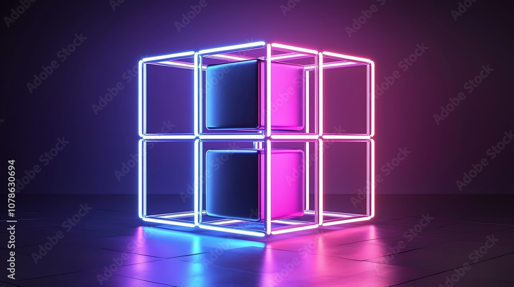 Aufkleber abstract neon light cube with glowing edges and colored centers on a dark background for modern art 