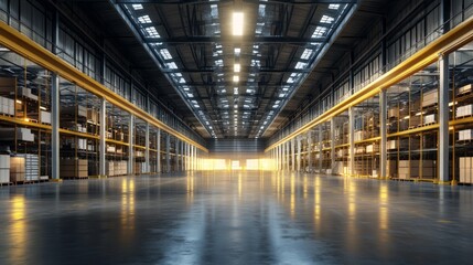 Fototapeta premium A large warehouse with a lot of empty space and a yellow light