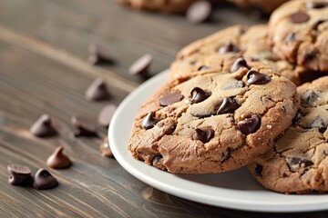 Fototapeta premium Closeup Delicious Homemade Chocolate Chip Cookies Perfect for Snacks and Desserts