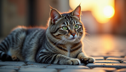 Tabby cat on cobblestone pavement at sunset