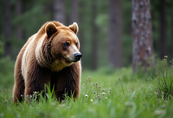 Fototapeta premium Wild brown bear in a green forest